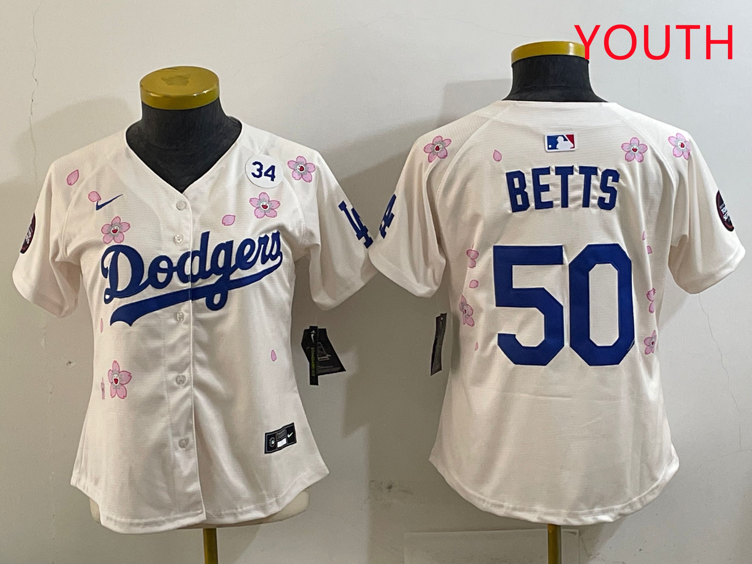 Youth Los Angeles Dodgers #50 Betts Cream Sakura Edition 2025 Nike MLB Jersey style 4